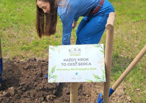 Tabliczka z napisem "Każdy krok to gest serca. Kilometry dla Przylądka 2025". W tle kobieta kopie w ziemi.
